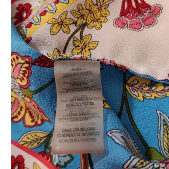 Artsy Colorful‎ Floral V-Neck Button Blouse Top XL Long or 3/4 Roll Tab Sleeves - Picture 9 of 10